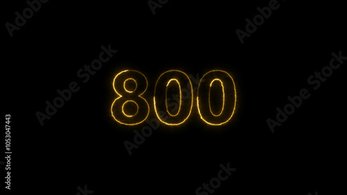 Abstract neon countdown 800 number neon glowing green color 4k illustration. Black background 4k illustration.