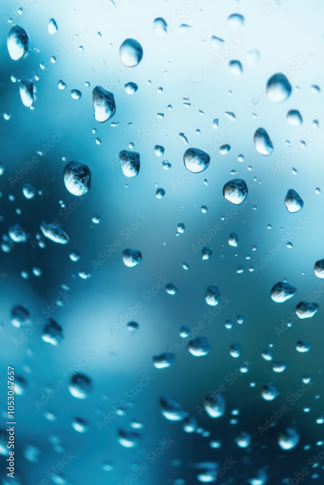Raindrops on Window with Sky Blue Blurred Background Raindrops on Window with Sky Blue Blurred Background