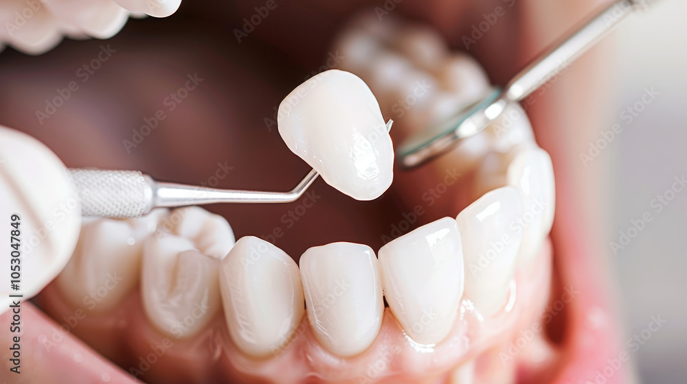 dental crown is being fitted onto tooth in close up view, showcasing precision and care involved in dental procedures. image highlights tools and dental crown itself, emphasizing oral health dental crown is being fitted onto tooth in close up view, showcasing precision and care involved in dental procedures. image highlights tools and dental crown itself, emphasizing oral health