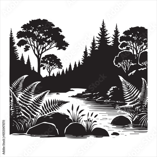 River And Landscape Scene silhouettes Design - River Forest Scene vector illustration in black and white