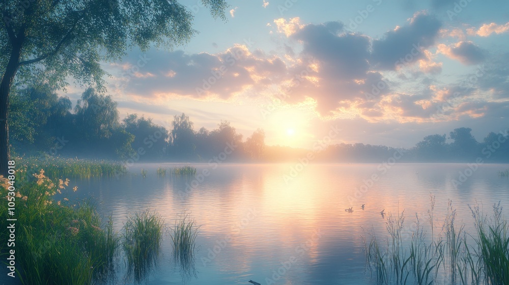 Serene sunrise over a tranquil lake surrounded by lush greenery. Serene sunrise over a tranquil lake surrounded by lush greenery.