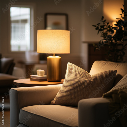 A cozy living room featuring neutral colors and clean lines, softly illuminated