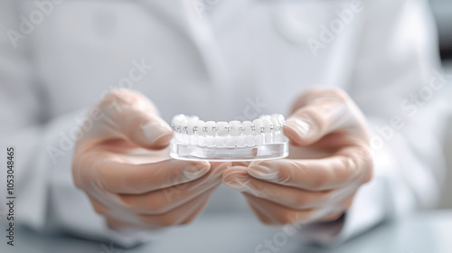 dentist in gloves holds clear orthodontic model showcasing dental braces, emphasizing precision and care in orthodontic treatment. image conveys professionalism and attention to detail
