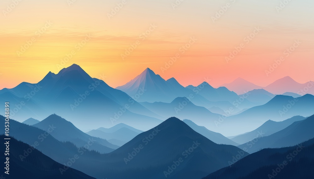 Stunning mountain landscape at sunrise with layered peaks and soft colors in the sky. Stunning mountain landscape at sunrise with layered peaks and soft colors in the sky.