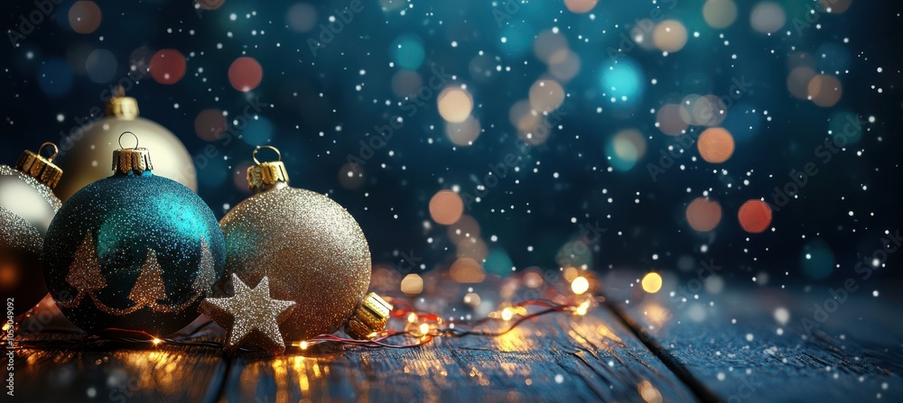 Christmas ornaments and snowflakes on a wooden table on a fuzzy background Christmas ornaments and snowflakes on a wooden table on a fuzzy background