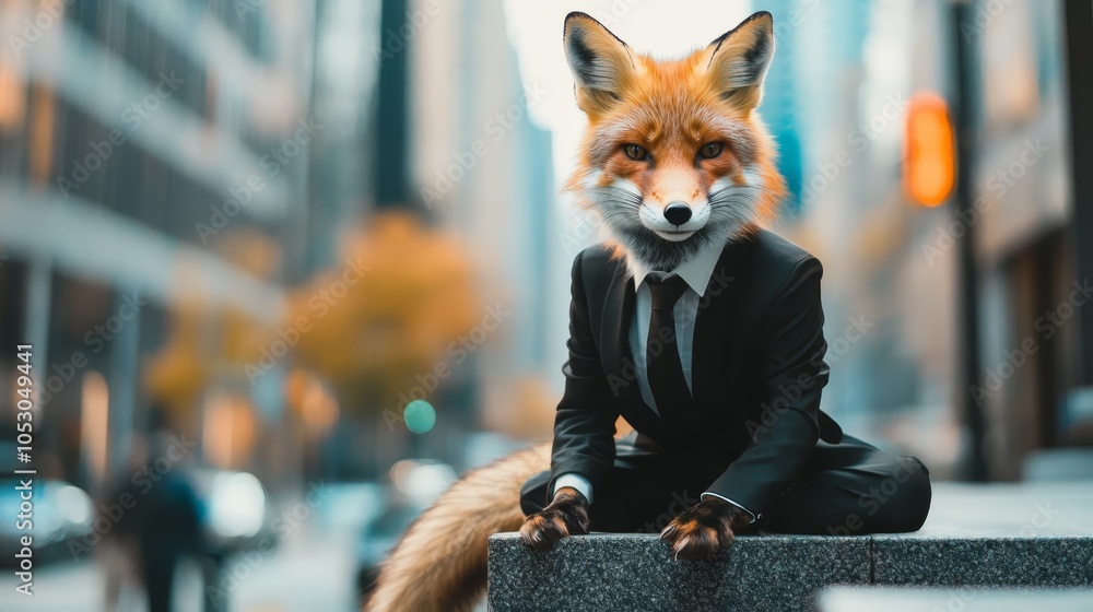Fox in Suit Sitting on Stairs in City Fox in Suit Sitting on Stairs in City