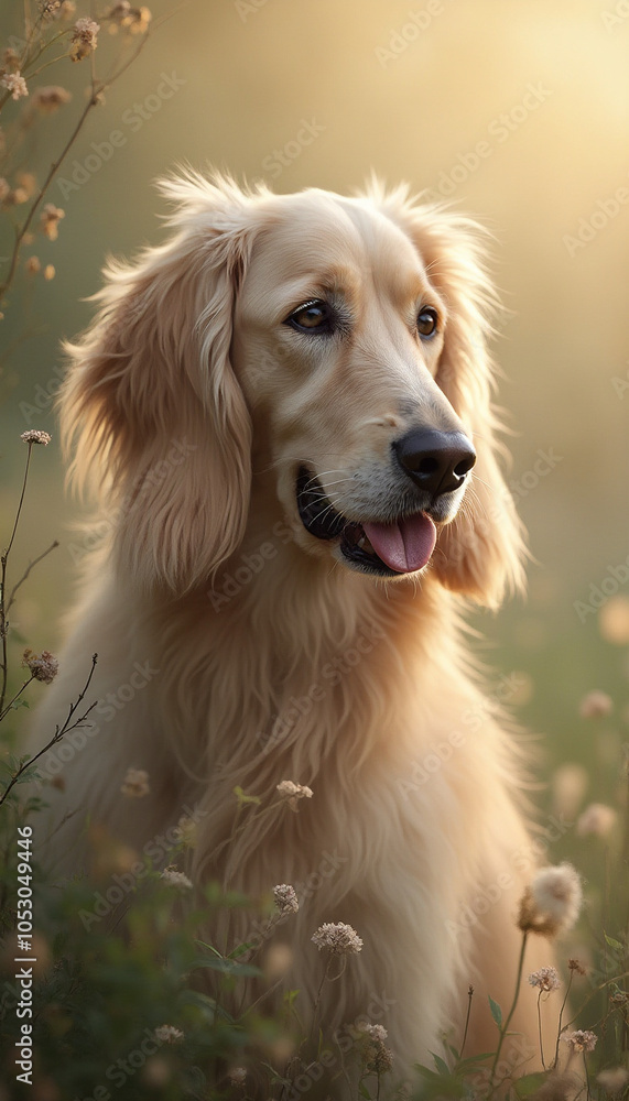 Obraz premium Golden Retriever Standing in Field with Gentle Expression, Soft Light