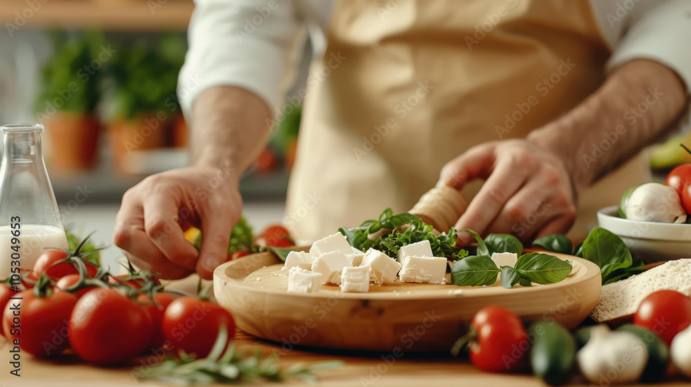 Fresh vegetables and dairy products are artfully arranged on wooden table, showcasing vibrant tomatoes, herbs, and cheese. hands of chef skillfully prepare delicious meal, evoking sense of culinary Fresh vegetables and dairy products are artfully arranged on wooden table, showcasing vibrant tomatoes, herbs, and cheese. hands of chef skillfully prepare delicious meal, evoking sense of culinary