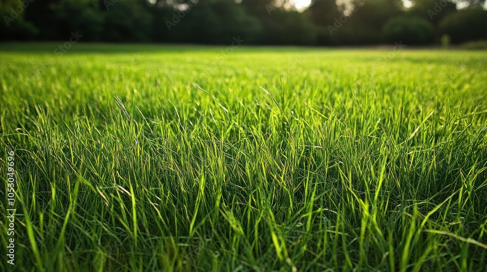 Obraz premium Sunlit Meadow - Green grass under the soft light of morning sun