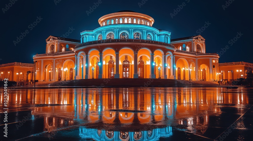 Fototapeta premium Illuminated Classical Building Reflected in Puddles After Rain