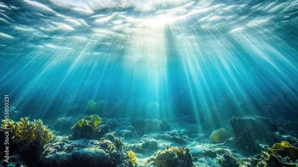 Fototapeta premium Underwater Ocean Scene - Blue ocean with sunlight rays filtering through water