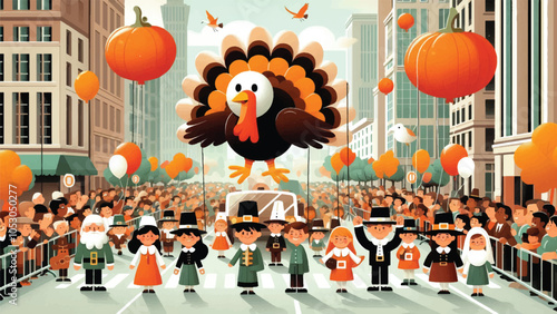 A lively Thanksgiving parade in a city with large balloons shaped like turkeys, pumpkins, and pilgrims. Floats with simple, flat-style characters in costumes move along the street 1