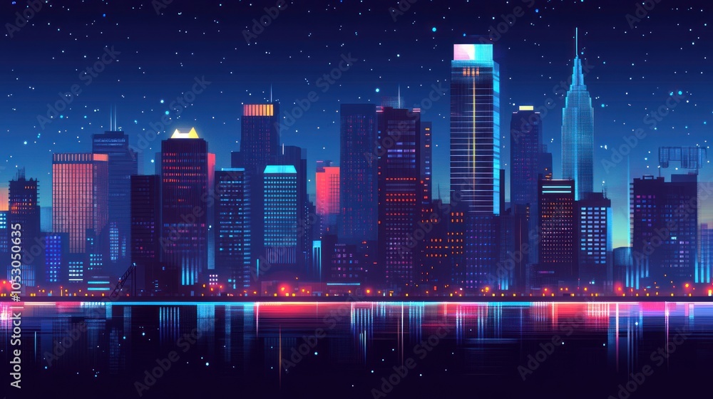 Urban Skyline at Night - A bustling city skyline with glowing lights Urban Skyline at Night - A bustling city skyline with glowing lights