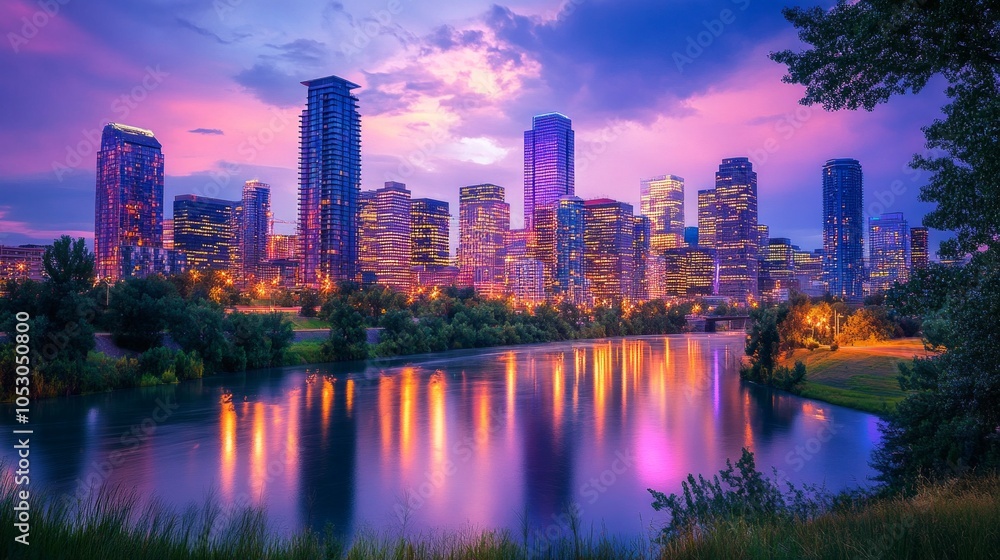 Obraz premium A city skyline at dusk, illuminated with vibrant lights.
