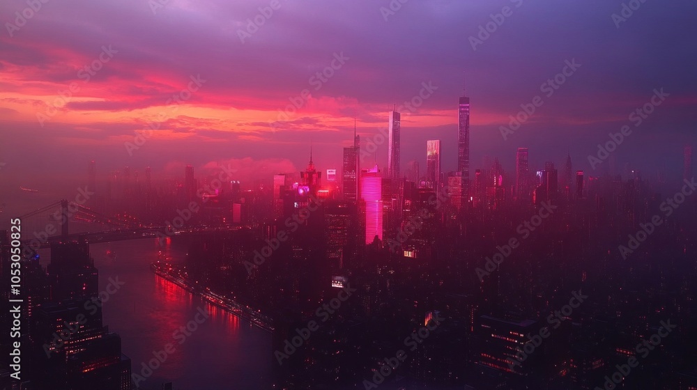 Fototapeta premium A city skyline at dusk, illuminated with vibrant lights.