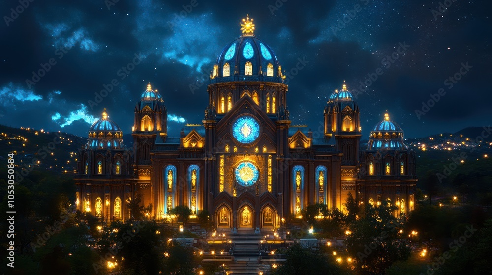 Obraz premium Illuminated Gothic Cathedral under a Starry Night Sky