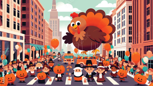 A lively Thanksgiving parade in a city with large balloons shaped like turkeys, pumpkins, and pilgrims. Floats with simple, flat-style characters in costumes move along the street 1