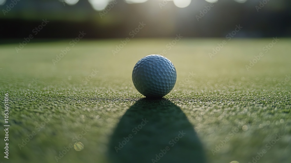 A close-up of a golf ball resting on lush green grass under warm sunlight, creating a serene sports atmosphere. A close-up of a golf ball resting on lush green grass under warm sunlight, creating a serene sports atmosphere.
