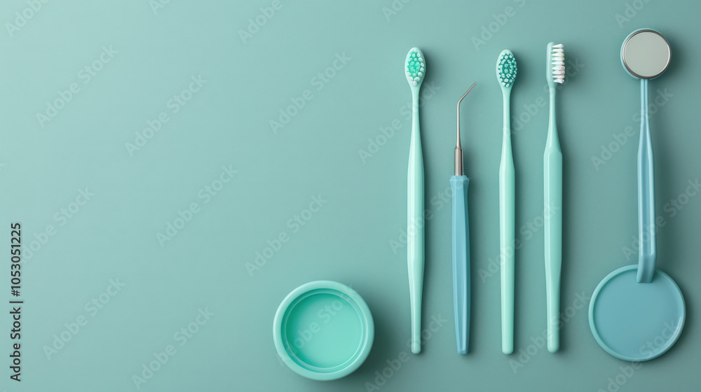 Fototapeta premium Dental tools and toothbrushes arranged neatly on mint green background, showcasing modern dental hygiene equipment. Perfect for promoting oral care and health