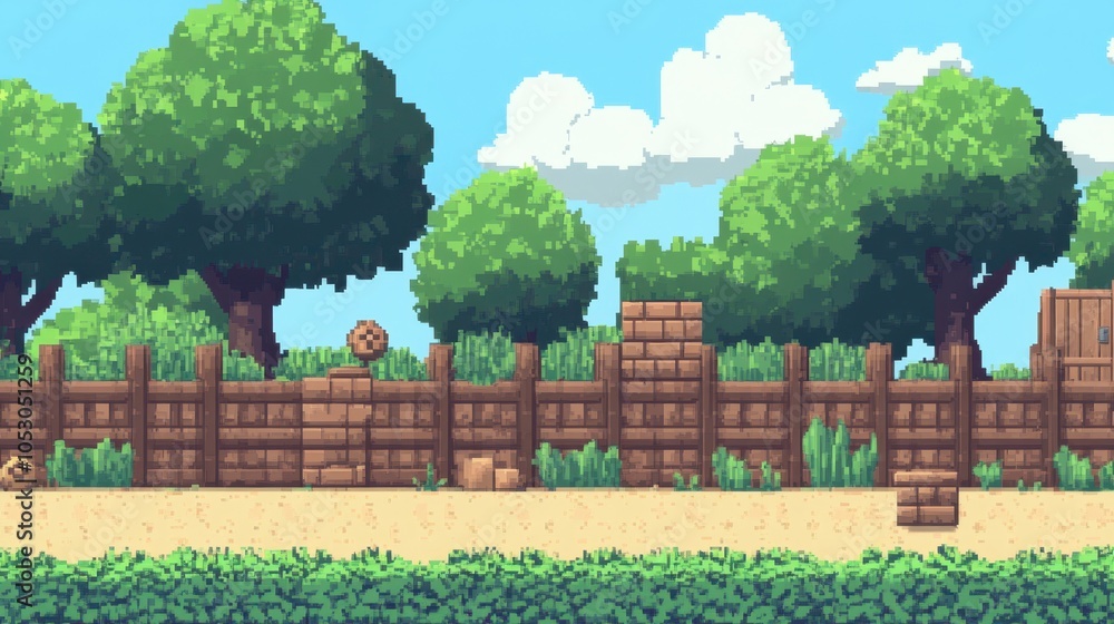 Fototapeta premium Retro-inspired blocky tileset featuring dirt, brick, and wood textures, perfect for classic 8-bit game environments