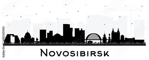Novosibirsk Russia city skyline silhouette with black buildings isolated on white. Novosibirsk cityscape with landmarks. Tourism concept with modern and historic architecture.