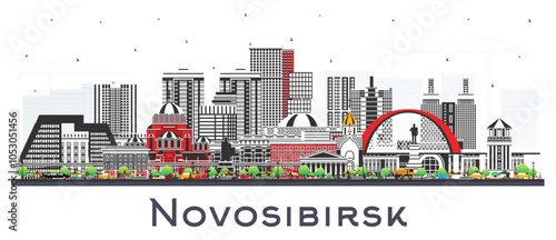 Novosibirsk Russia city skyline with color buildings isolated on white. Novosibirsk cityscape with landmarks. Business and tourism concept with modern and historic architecture.