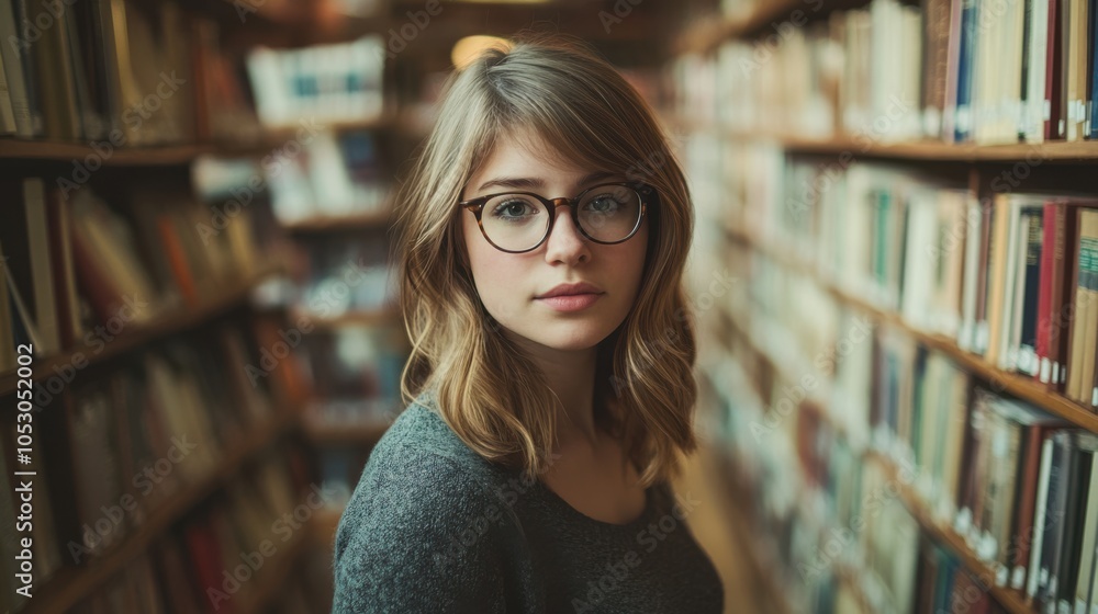 Beautiful and intelligent young hipster woman in her 20s with glasses, surrounded by books Beautiful and intelligent young hipster woman in her 20s with glasses, surrounded by books