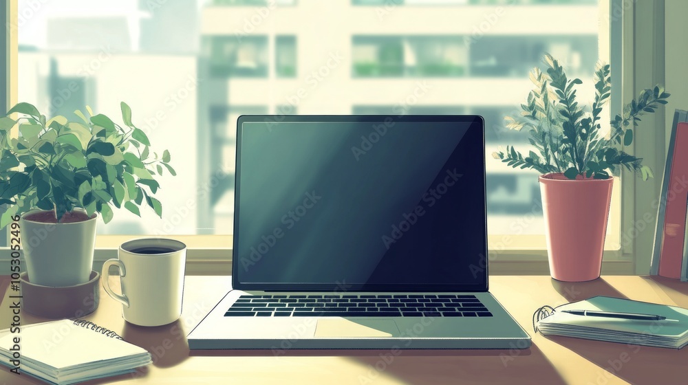 Fototapeta premium A professional workspace with a laptop, notebook, and coffee cup.