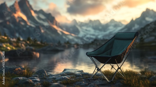 A tranquil lakeside scene with a camping chair set against majestic mountains and a colorful sunset. photo