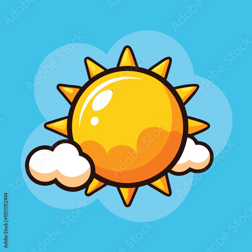 A cartoon sun with a friendly face peeks out from behind a fluffy white cloud. The bright yellow sun shines against a light blue sky. 