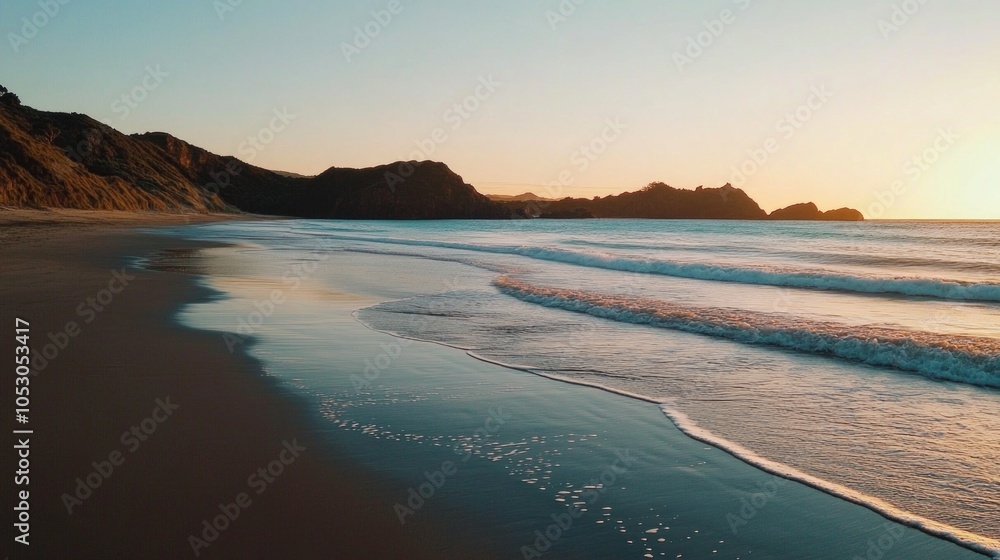 Obraz premium A tranquil beach at sunset with gentle waves washi.