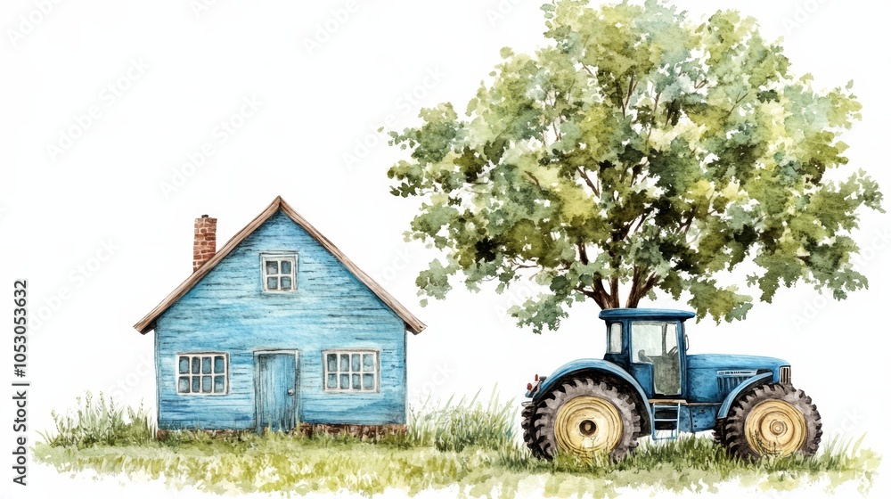 Obraz premium Watercolor Painting of Blue House Tractor and Tree