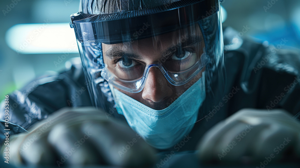 focused healthcare professional wearing protective gear, including face shield and mask, is preparing for medical procedure. intense expression conveys dedication and professionalism focused healthcare professional wearing protective gear, including face shield and mask, is preparing for medical procedure. intense expression conveys dedication and professionalism