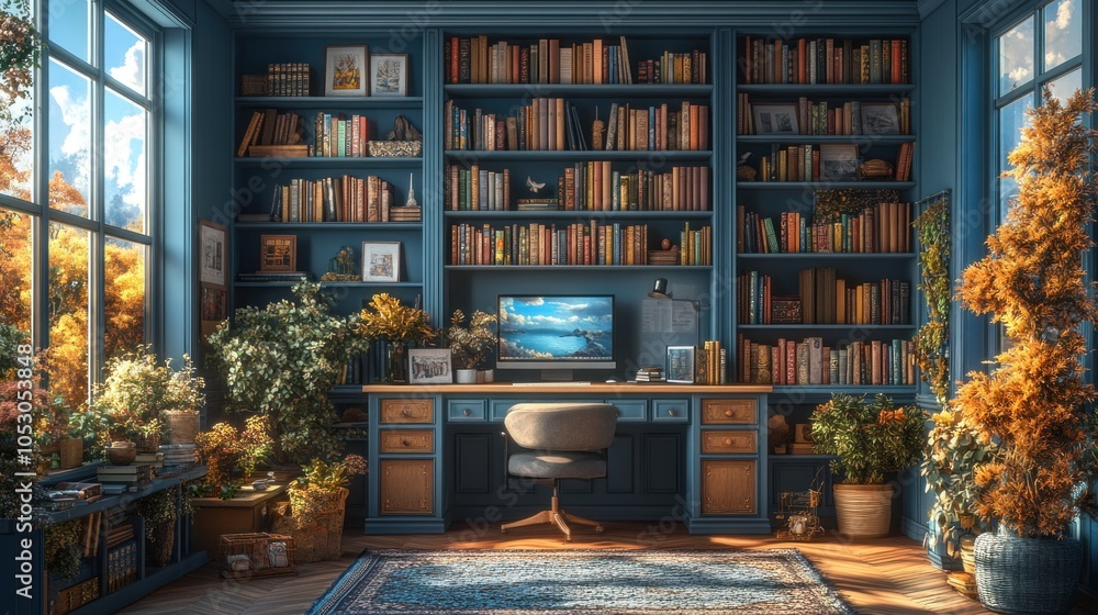 Cozy study with bookshelves, desk, and autumnal decor. Cozy study with bookshelves, desk, and autumnal decor.