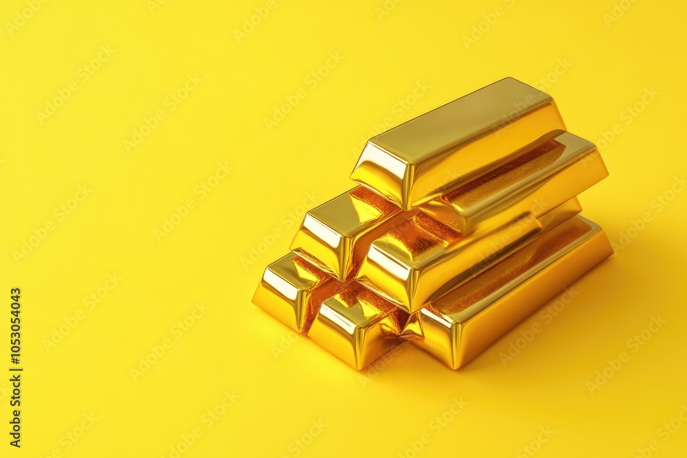 Stack of shiny gold bars on yellow background top view Stack of shiny gold bars on yellow background top view