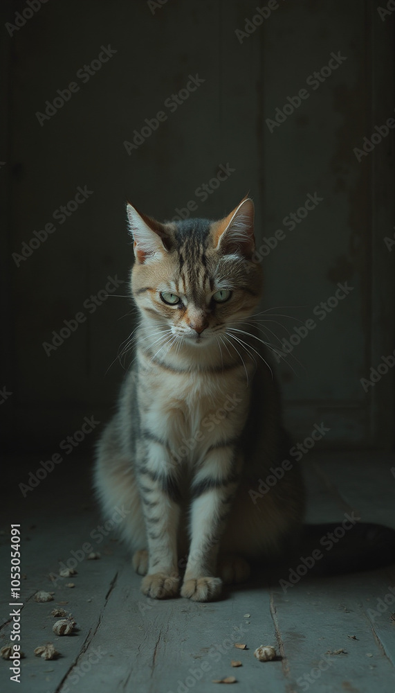 Obraz premium Tabby Cat Sitting Indoors with Calm and Focused Expression
