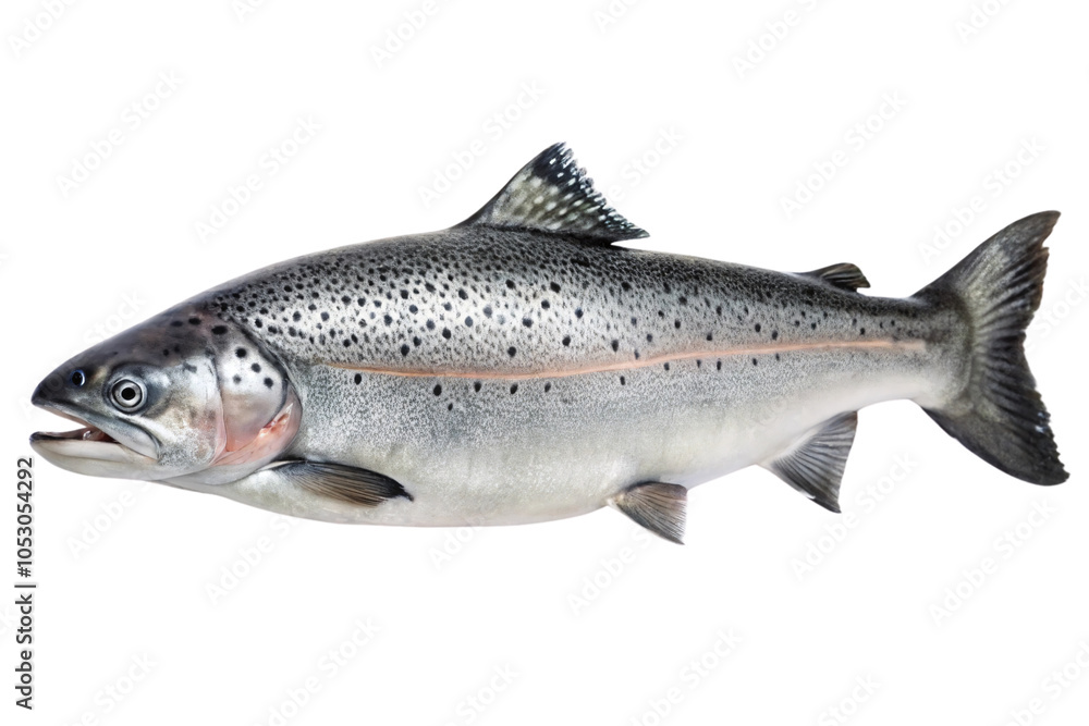 A side view of a silver salmon, covered in small dark spots and featuring a streamlined, smooth body, emphasizing its fresh, healthy appearance, set against a transparent background A side view of a silver salmon, covered in small dark spots and featuring a streamlined, smooth body, emphasizing its fresh, healthy appearance, set against a transparent background
