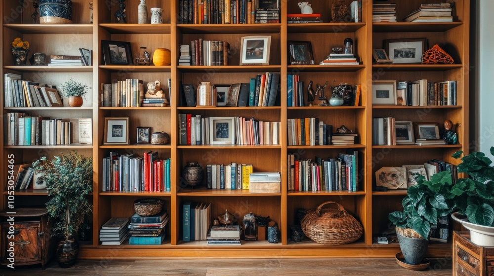 Library space within a contemporary renovation, filled with built-in oak shelves and Arts and Crafts motifs on decorative items Library space within a contemporary renovation, filled with built-in oak shelves and Arts and Crafts motifs on decorative items