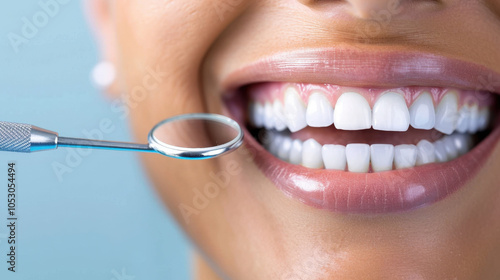 smiling woman showing her healthy teeth with dental mirror in foreground, reflecting bright and confident expression