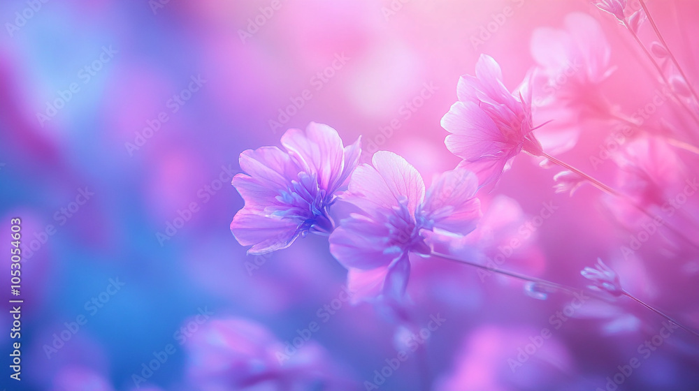 Obraz premium Delicate pink and blue flowers blooming softly in a vibrant garden during springtime