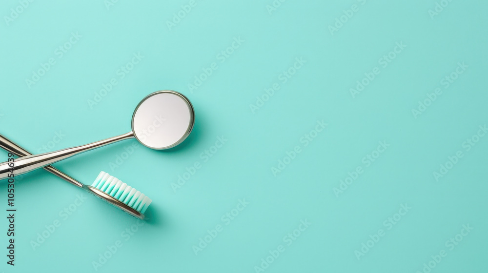 Dental tools including mirror and toothbrush on turquoise background create clean and professional atmosphere. Perfect for dental hygiene themes Dental tools including mirror and toothbrush on turquoise background create clean and professional atmosphere. Perfect for dental hygiene themes