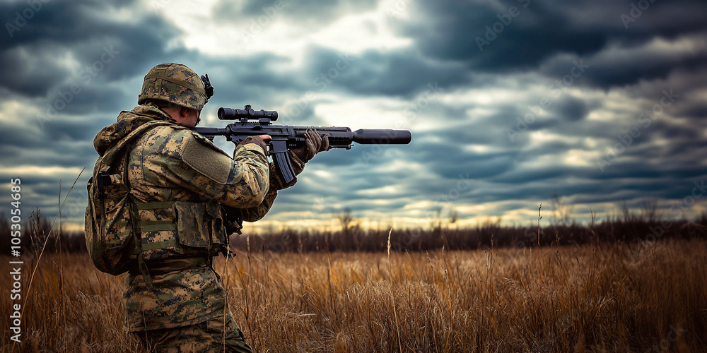Fototapeta premium An US army soldier aiming rifle.