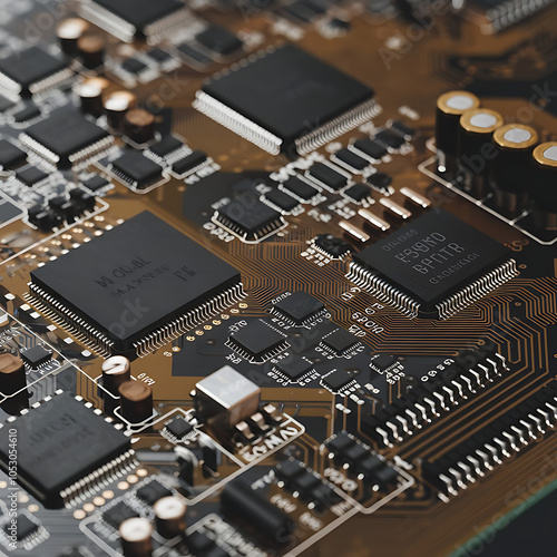 A photo of a circuit board with a close-up shot of the intricate electronic components. There are various types of chips, resistors, capacitors, and other components. The background is blurred.