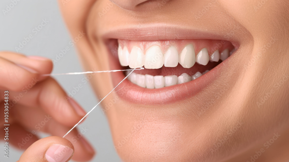 person smiling while using dental floss to maintain oral hygiene, showcasing healthy teeth and bright smile. This emphasizes importance of dental care and regular flossing person smiling while using dental floss to maintain oral hygiene, showcasing healthy teeth and bright smile. This emphasizes importance of dental care and regular flossing