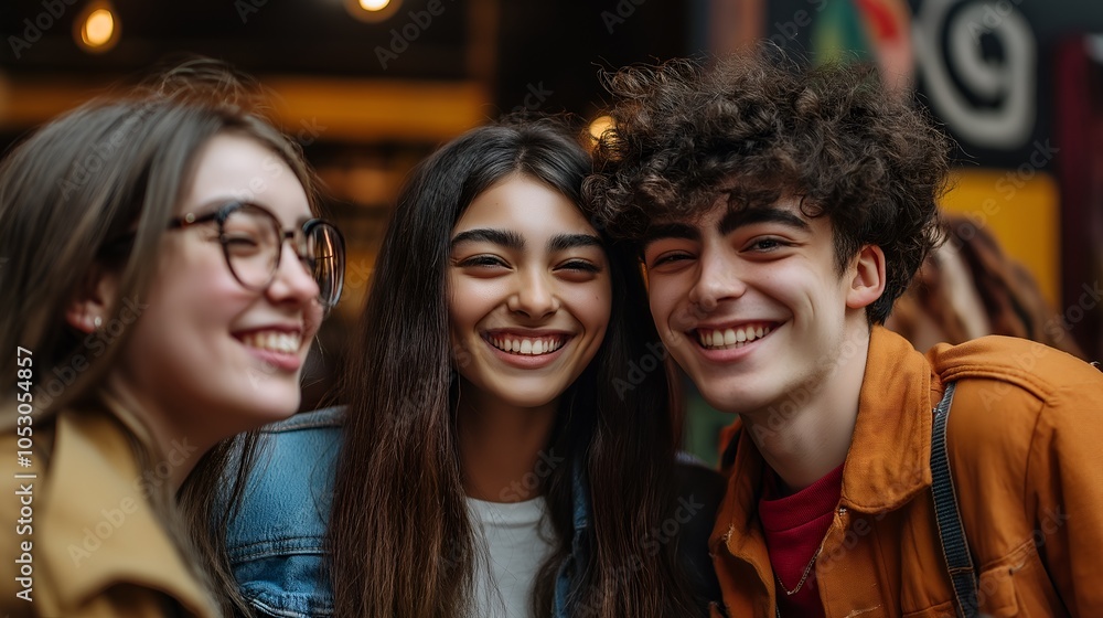 Fototapeta premium Three friends creating timeless memories together through shared laughter, celebrating the beauty of youth, diversity, and friendship in the vibrant heart of the city.