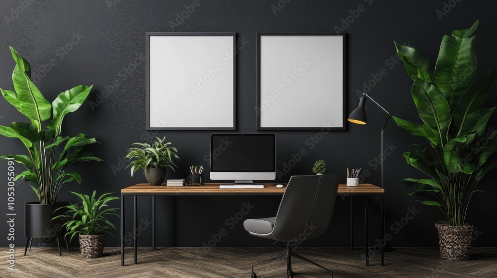 Modern home office with black walls, wooden desk, and plants. Two blank frames are hanging above the desk. Modern home office with black walls, wooden desk, and plants. Two blank frames are hanging above the desk.