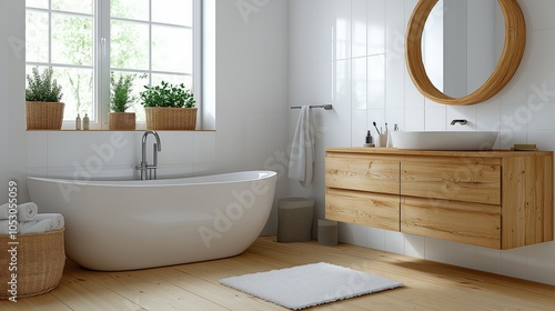 Scandinavian-style bathroom light wood accents, white tiles, minimalist layout, simplicity, functional decor. AI generated