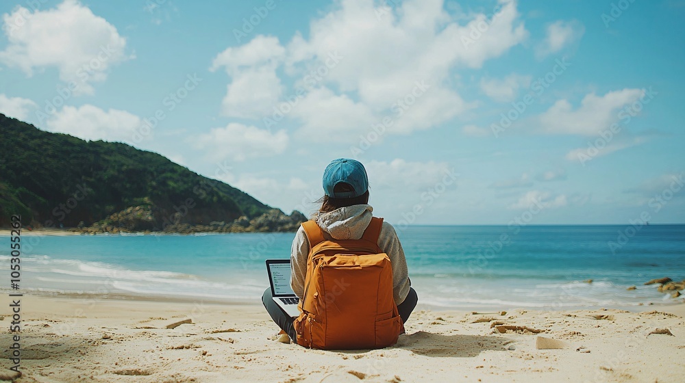 Fototapeta premium Remote worker on a beach with laptop, file access, relaxing yet focused, high quality, DSLR, 16:9