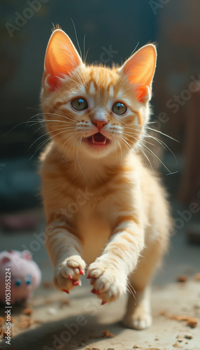 Orange Tabby Kitten Playing Indoors with Happy and Energetic Expression photo