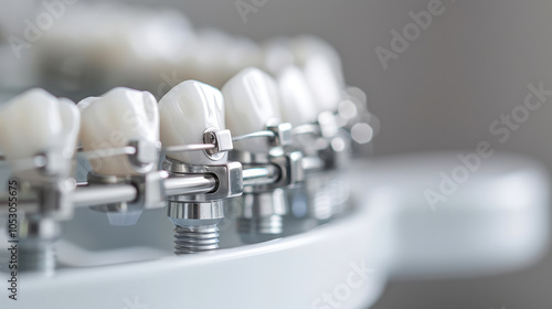 High definition dental model showcasing orthodontic braces with white brackets and metal components, emphasizing dental care and treatment